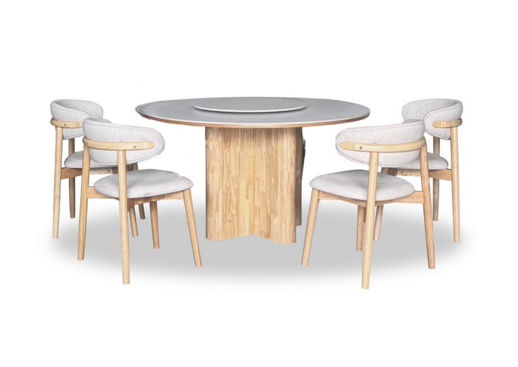 Dining table set with four chairs on a white background
