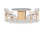 Dining table set with four chairs on a white background