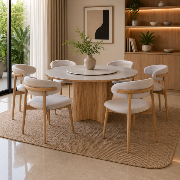 Dining room with a round wooden table and chairs on a textured rug.