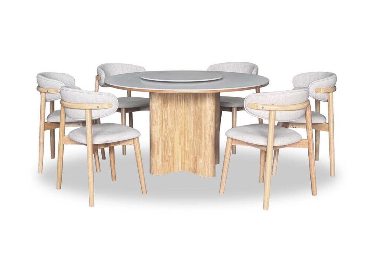 Dining table set with wooden legs and white cushioned chairs on a white background