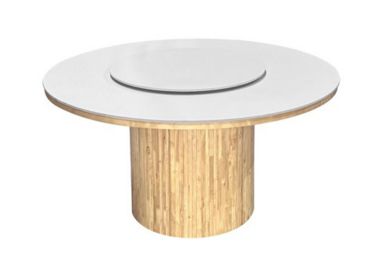 Round table with white top and wooden base on a white background