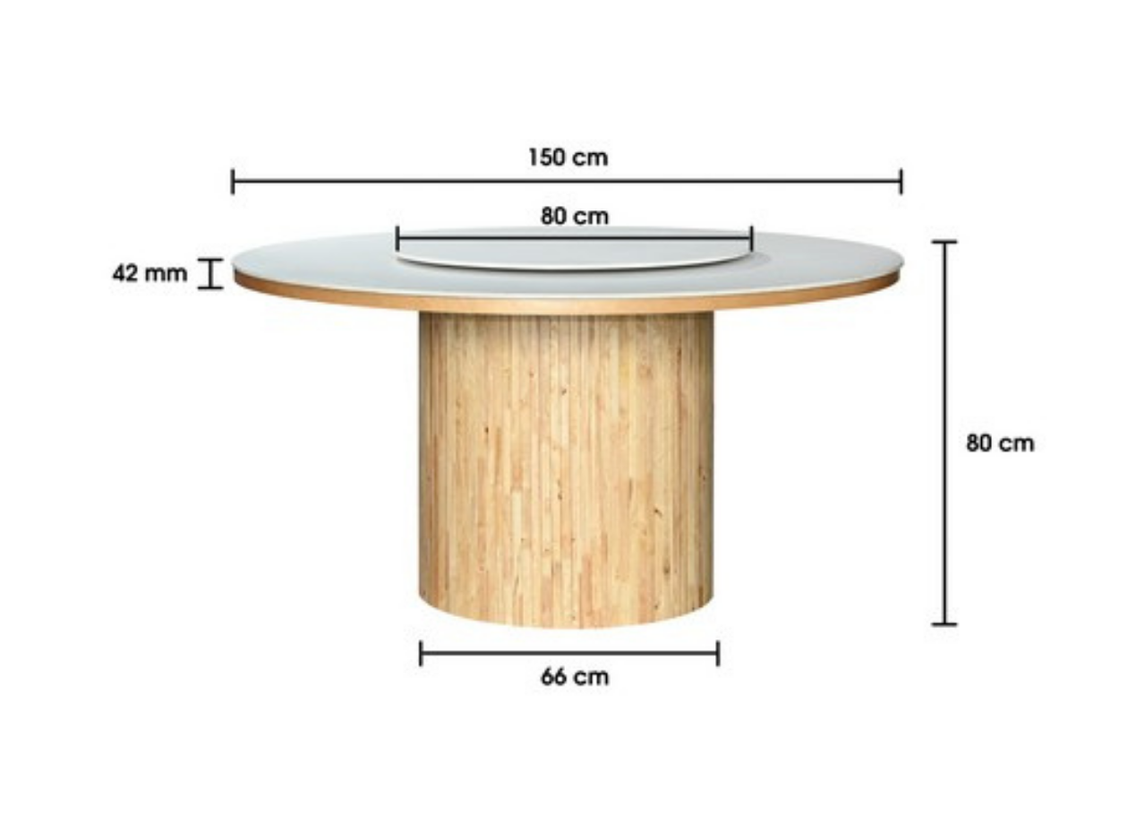Measurement chart of a round table with dimensions labeled
