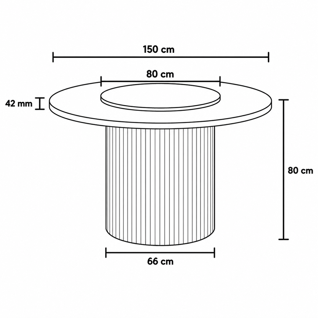 Black and white line drawing showing the dimensions of a round pedestal table, with measurements for width, height, and depth including 150 cm, 80 cm, 66 cm, 80 cm, and 42 mm.