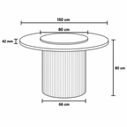 Black and white line drawing showing the dimensions of a round pedestal table, with measurements for width, height, and depth including 150 cm, 80 cm, 66 cm, 80 cm, and 42 mm.