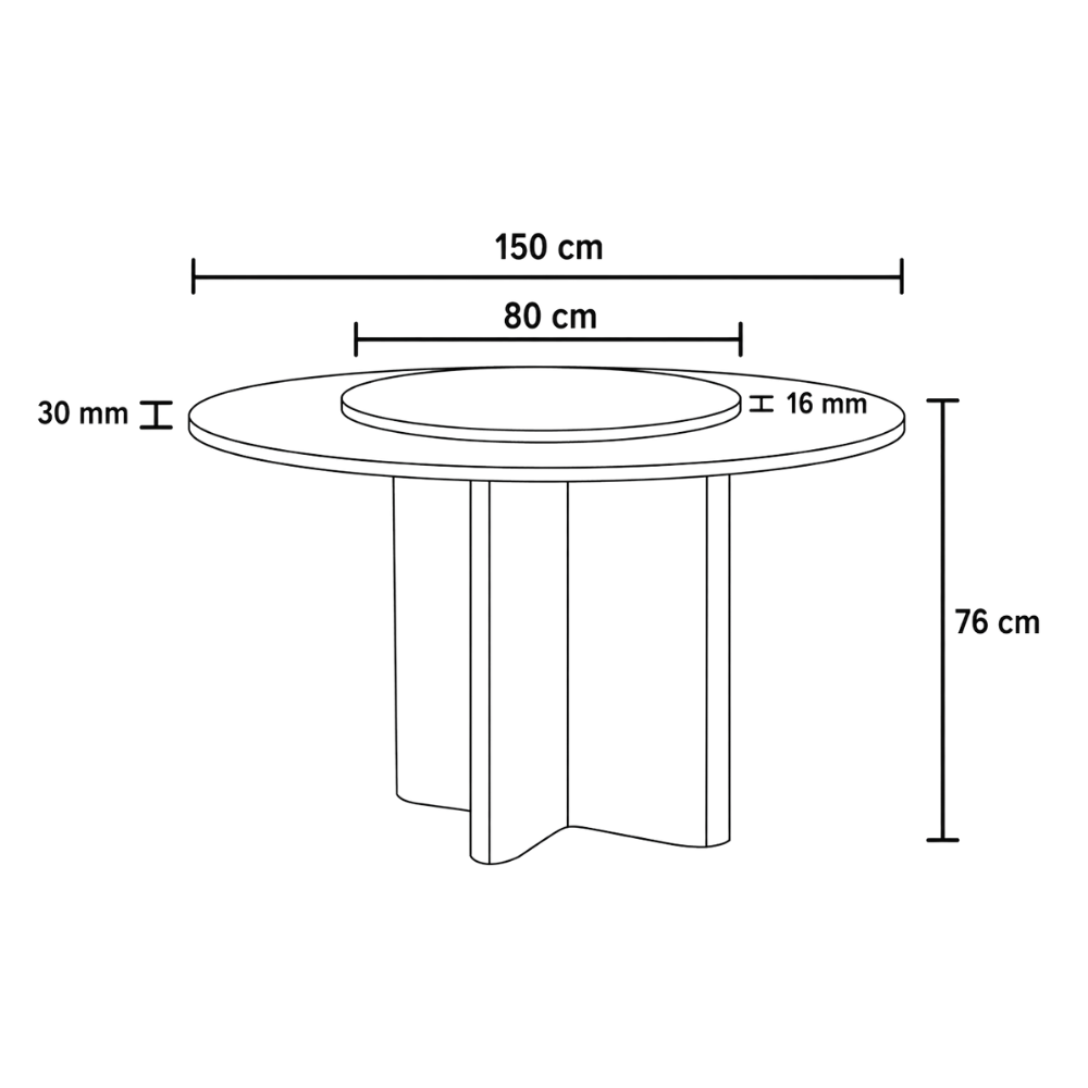 Black and white line drawing schematic of a round pedestal table with dimension annotations showing 150 cm width, 80 cm top diameter, 16 mm edge thickness, 30 mm leg width, and 76 cm height.