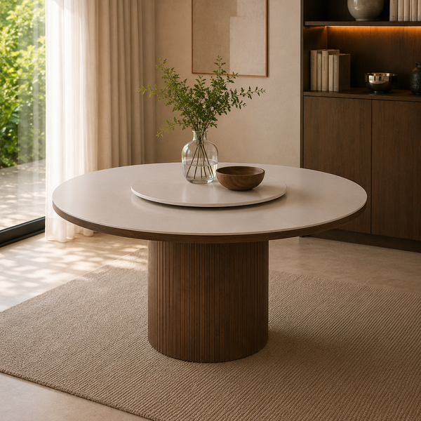 A round dining table with a light beige top and a fluted dark brown pedestal base, styled in a modern interior with a glass vase of greenery and a wooden bowl on top.