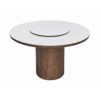 A round dining table with a light gray top and a fluted brown pedestal base, shown on a plain white background.