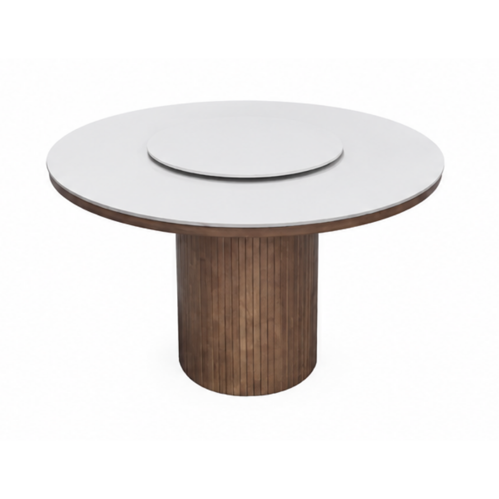 A round dining table with a light gray top and a fluted brown pedestal base, shown on a plain white background.