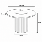 Black and white line drawing showing dimensions of a round pedestal table, with measurements labeled 135 cm, 70 cm, 50 cm, and 42 mm.