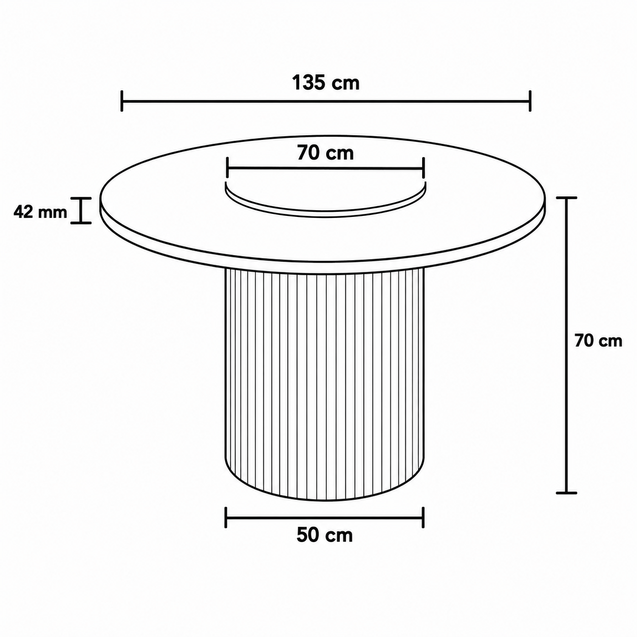 Black and white line drawing showing dimensions of a round pedestal table, with measurements labeled 135 cm, 70 cm, 50 cm, and 42 mm.
