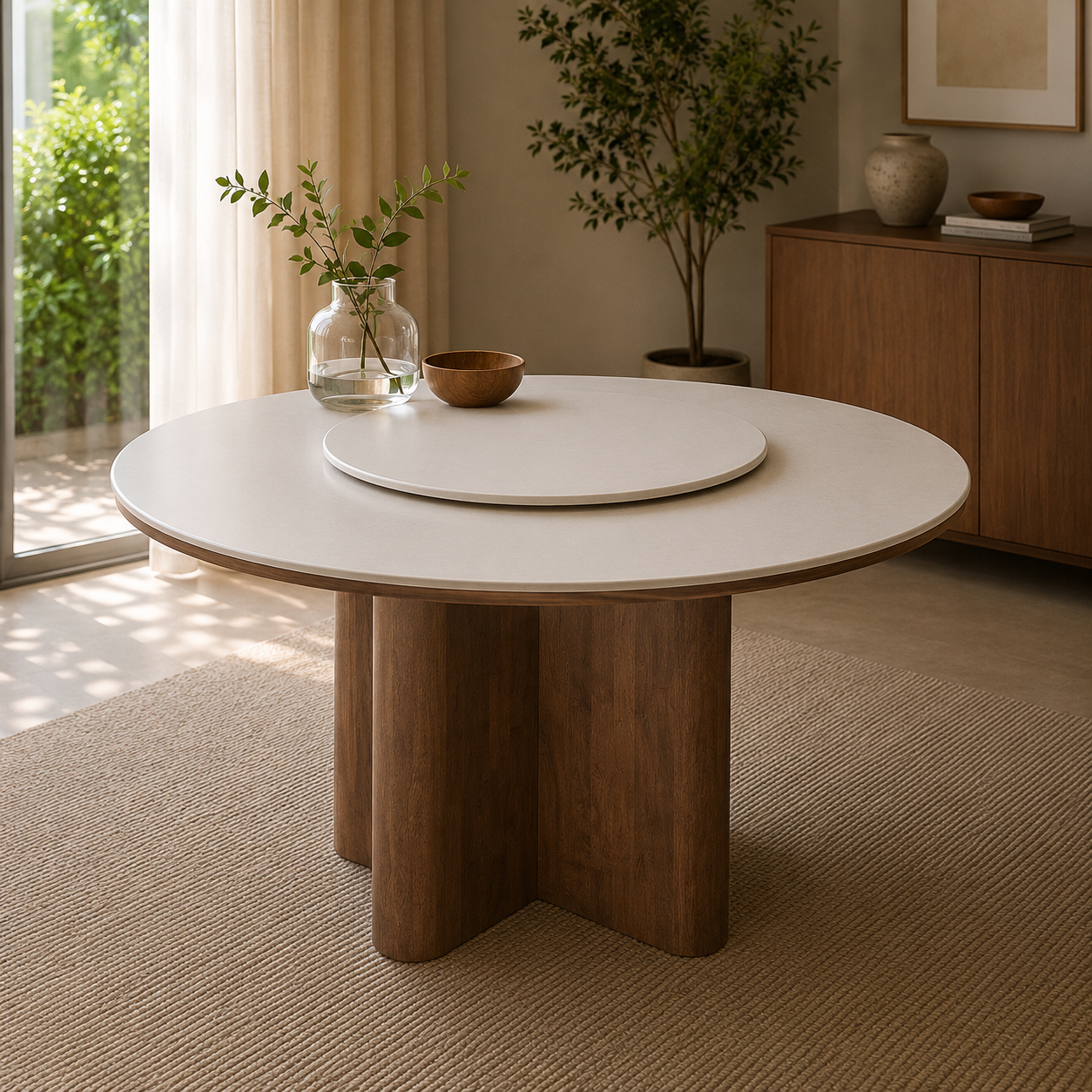 A round dining table with a light beige tabletop and thick, sculptural brown wooden legs, styled in a warm, modern dining room with a matching round tray on top.