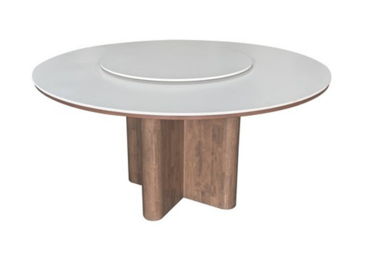 Round dining table with a white top and wooden base on a white background