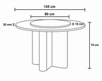 Black and white line drawing showing dimensions of a round pedestal table, with measurements labeled 135 cm, 80 cm, 30 mm, 16 mm, and 76 cm.