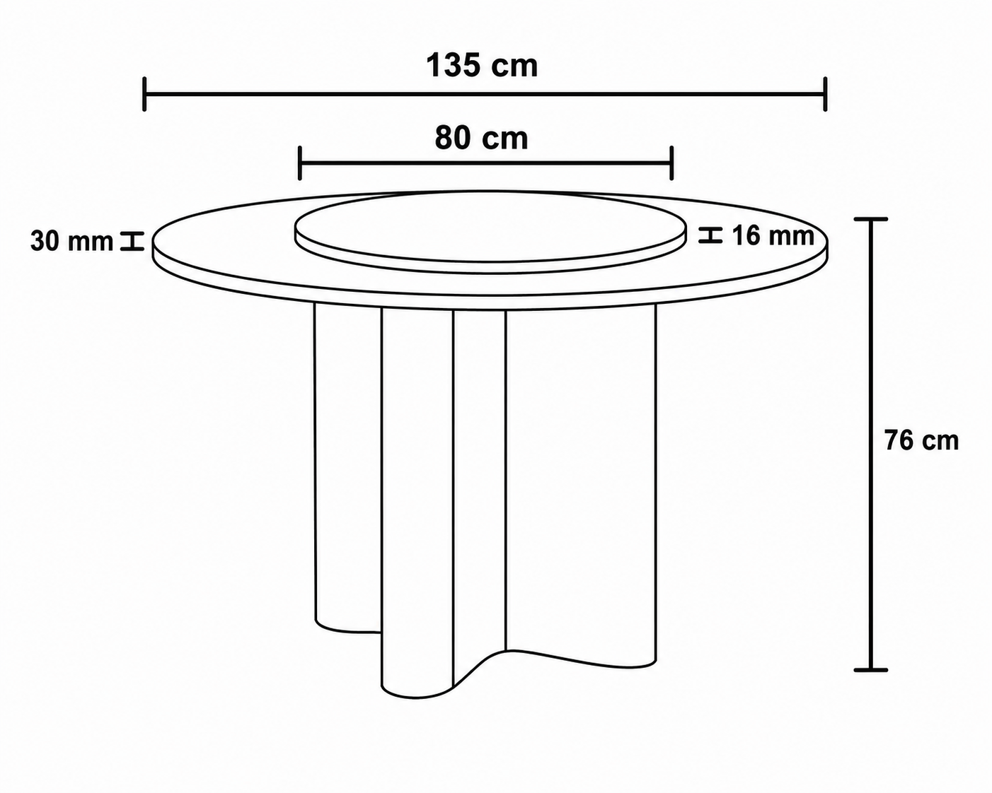 Black and white line drawing showing dimensions of a round pedestal table, with measurements labeled 135 cm, 80 cm, 30 mm, 16 mm, and 76 cm.