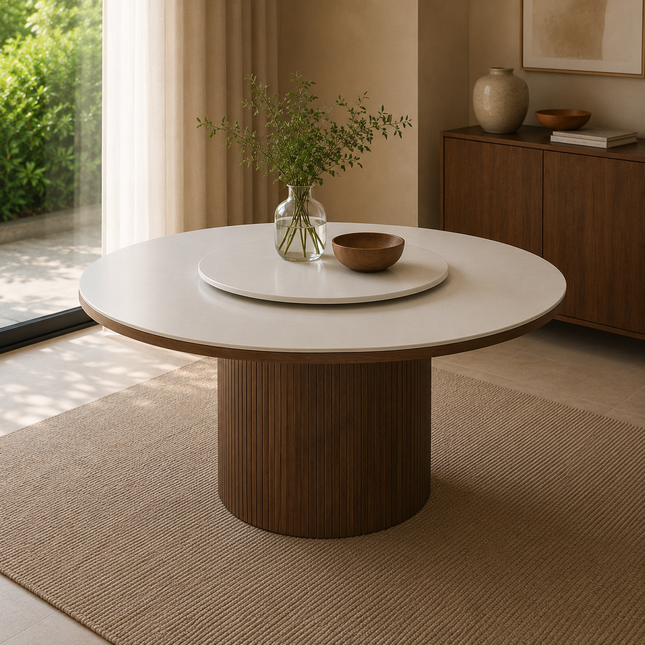 A round dining table with a light beige top and a fluted dark brown pedestal base, styled in a warm, modern room with a matching woven rug, wooden cabinet, and a glass vase with greenery on top.