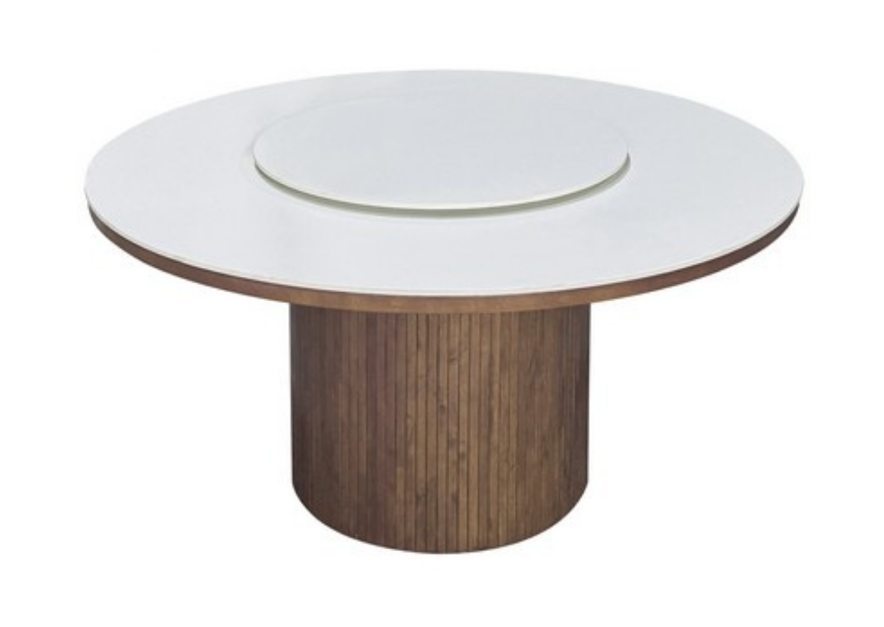 Round dining table with white top and wooden base on a white background