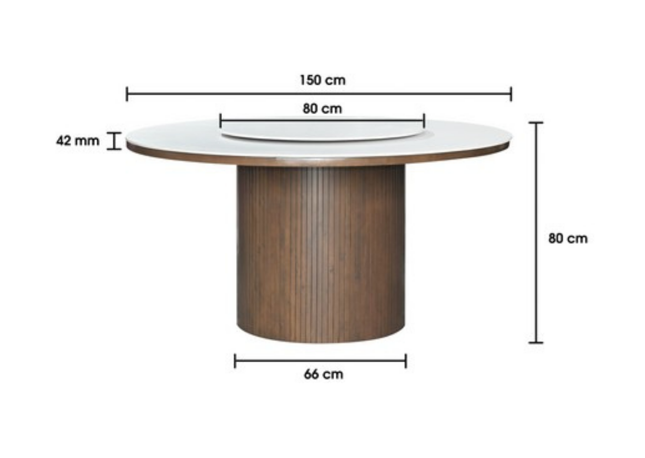 Round dining table with dimensions labeled on a white background