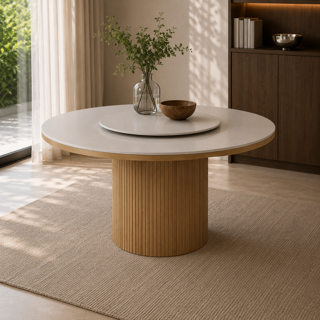 A round dining table with a light wood fluted pedestal base and a white top, styled in a bright, modern room with a glass vase and a small wooden bowl on top.