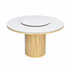 A round dining table with a light natural bamboo base and a white top, featuring a matching white rotating plate insert on top, set against a plain white background.