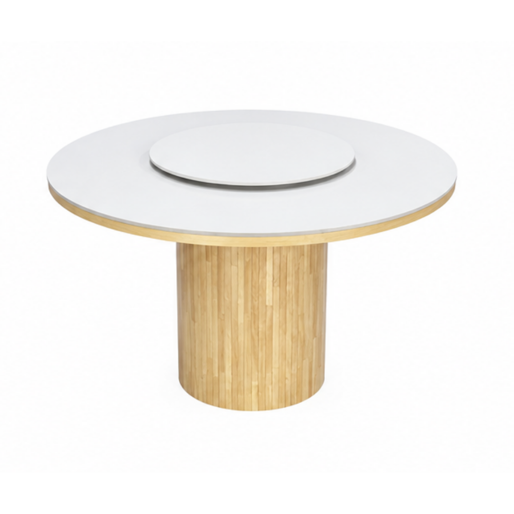 A round dining table with a light natural bamboo base and a white top, featuring a matching white rotating plate insert on top, set against a plain white background.
