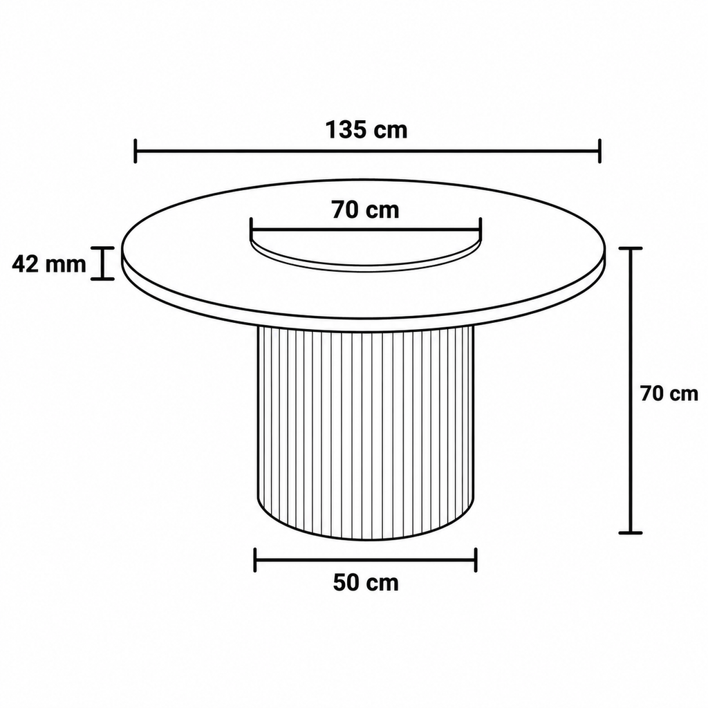 Black and white line drawing showing the dimensions of a cylindrical pedestal table base, with measurements labeled 135 cm, 70 cm, 50 cm, and 42 mm.