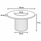 Black and white line drawing showing the dimensions of a cylindrical pedestal table base, with measurements labeled 135 cm, 70 cm, 50 cm, and 42 mm.