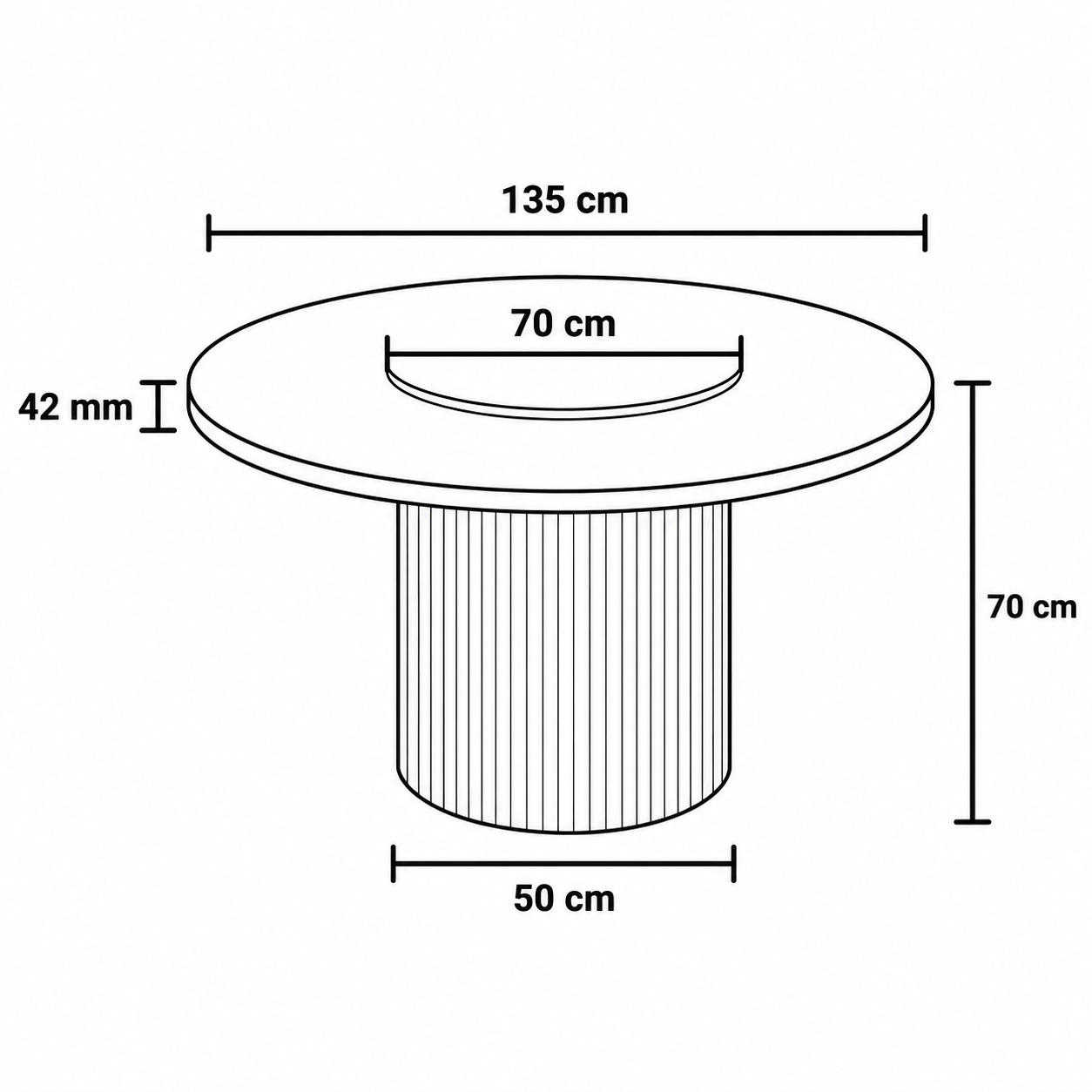 Black and white line drawing showing the dimensions of a cylindrical pedestal table base, with measurements labeled 135 cm, 70 cm, 50 cm, and 42 mm.