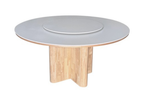 Round table with a light gray top and wooden base on a white background