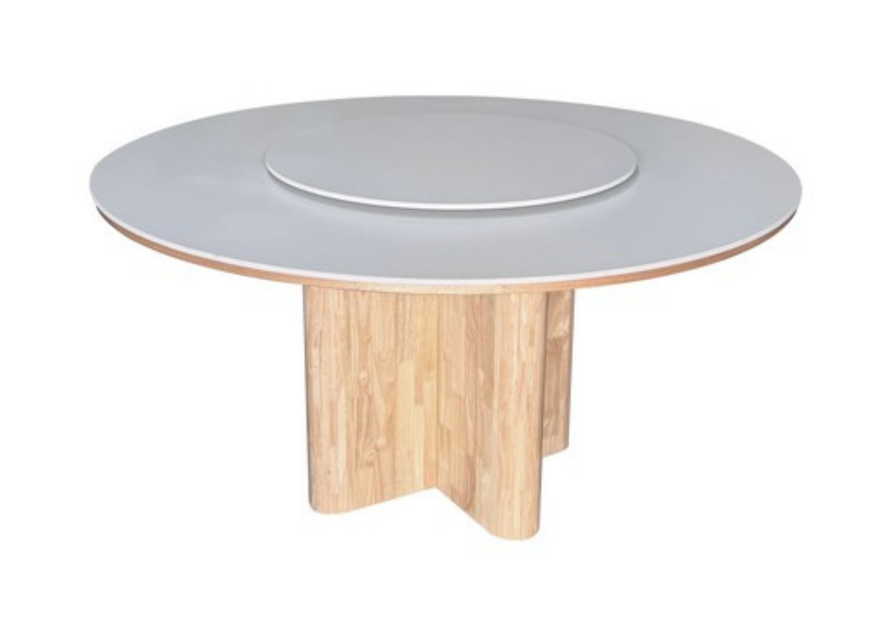 Round table with a light gray top and wooden base on a white background