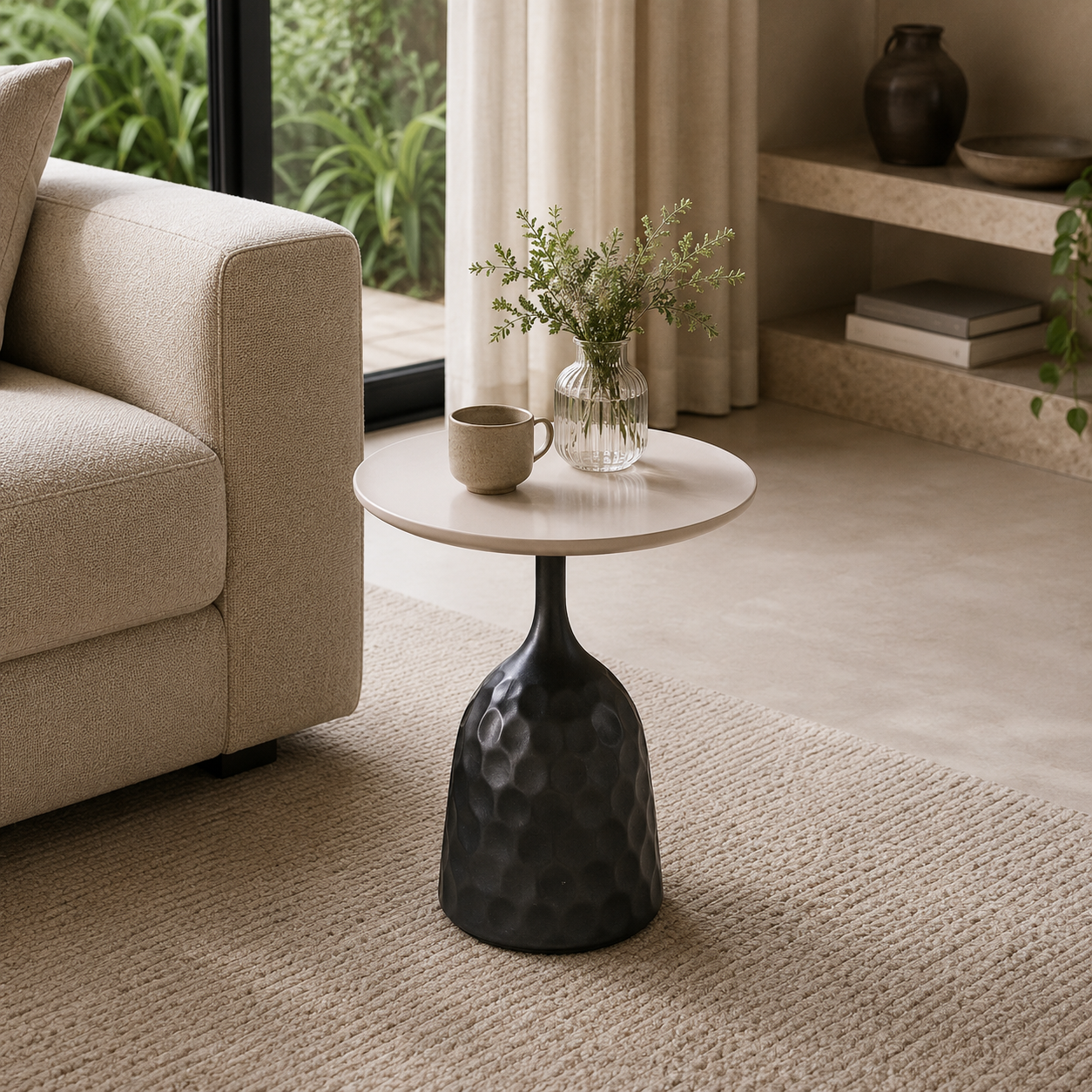 Living room with a beige sofa, round side table with a black textured base, and a vase with flowers.