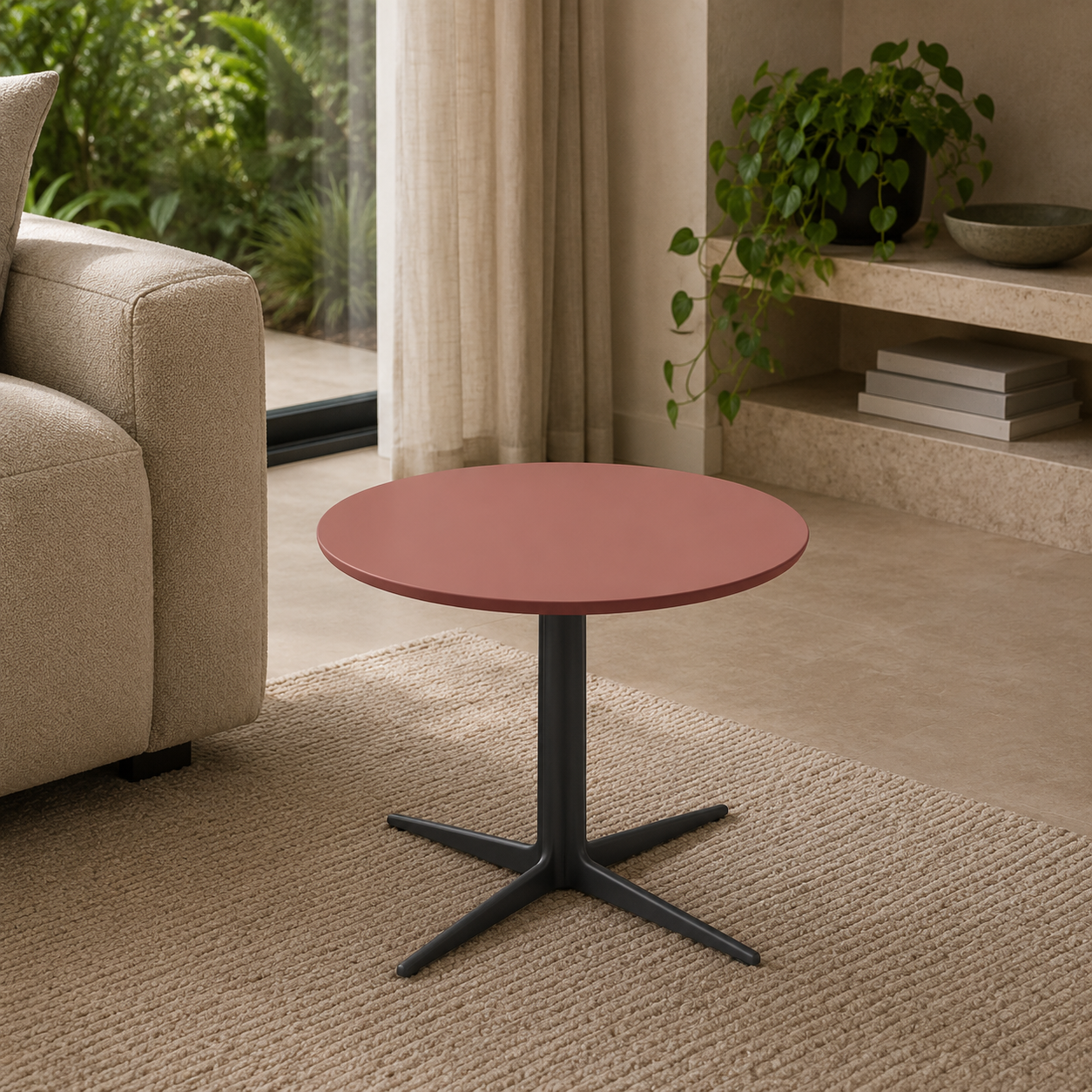 Round side table with a pink top and black base in a living room setting.