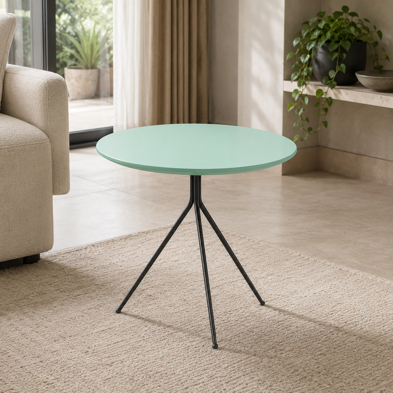 Round green table with black legs in a living room setting