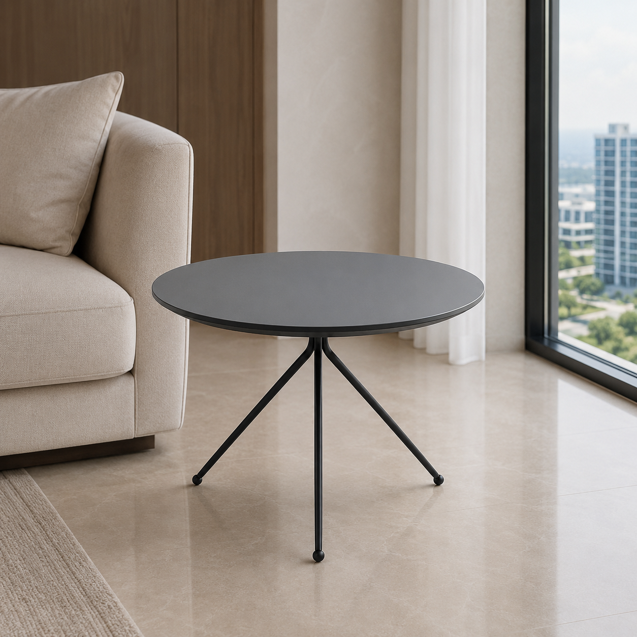 A round black side table with a thin tripod metal base, positioned in a modern living room next to a beige sofa and a large window with a city view.