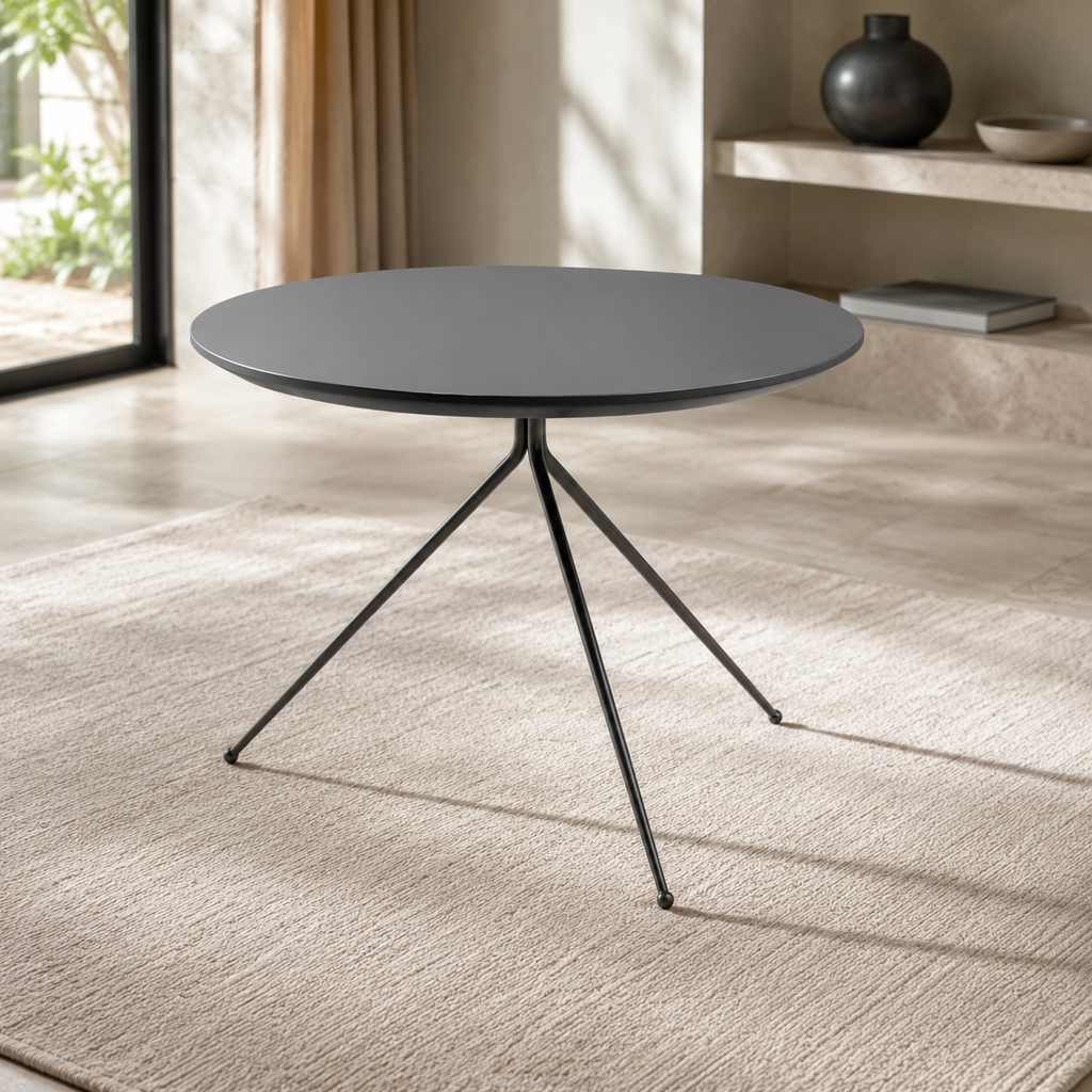 Modern black coffee table with three legs in a room with light wood flooring and a window.