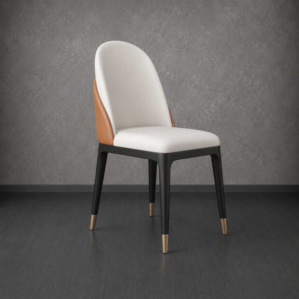 Modern chair with white cushioned seat and backrest, brown accents, and gold feet on a dark gray background.