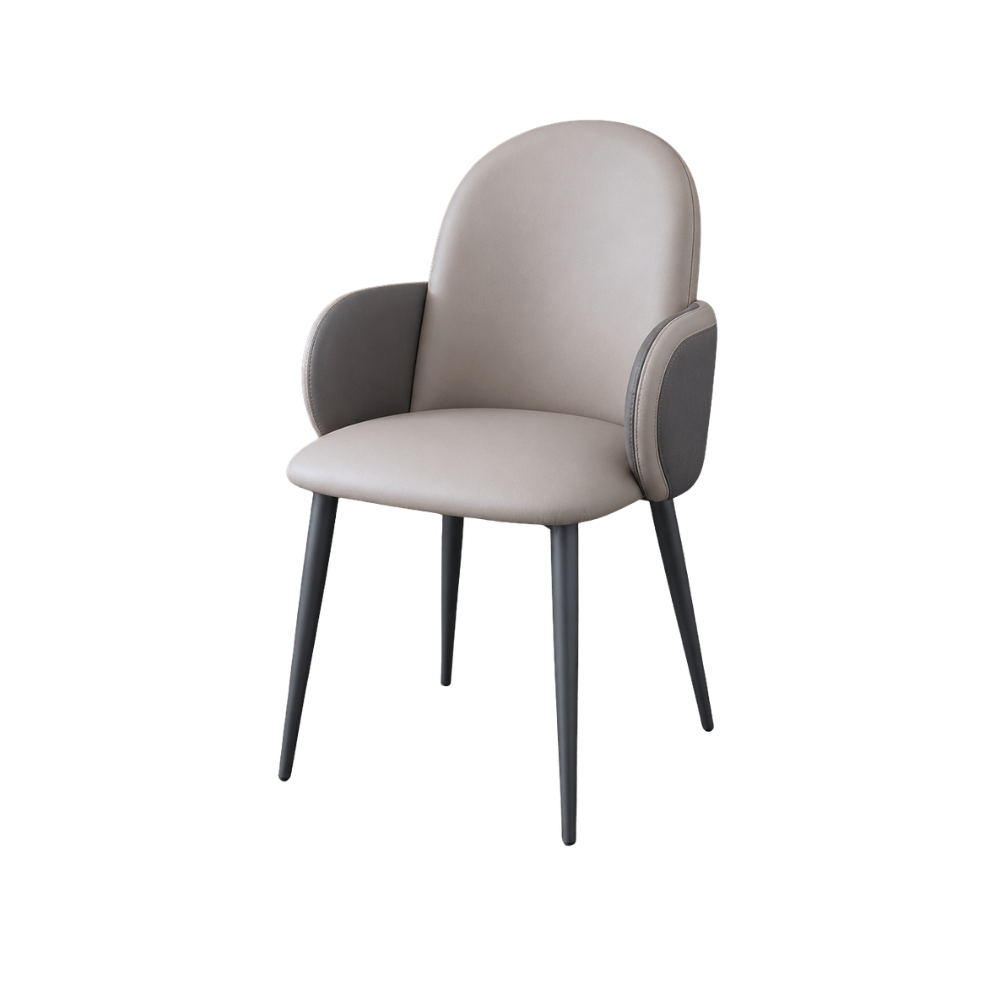 Modern chair with beige seat and backrest and dark gray armrests on a white background