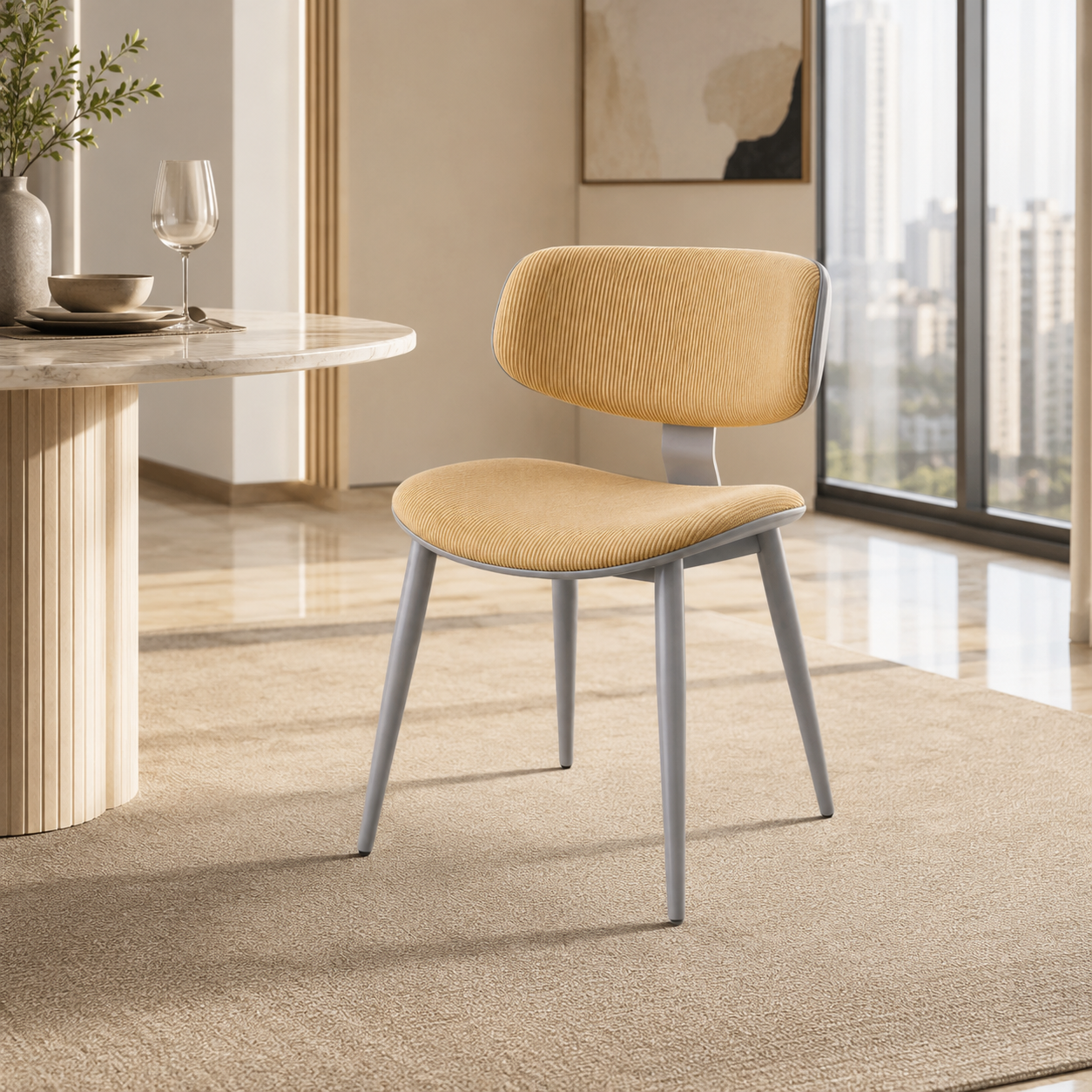 A modern dining chair with a textured mustard yellow upholstered seat and curved backrest, supported by a light gray metal frame with four tapered legs, set in a bright, contemporary dining room.