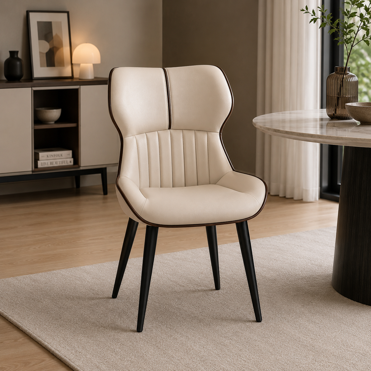 A modern dining chair with cream-colored upholstered seat and backrest, featuring black wooden legs, set in a contemporary living room next to a marble-top table.