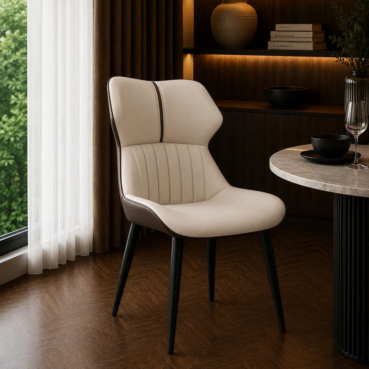 Beige chair in a room with a table and decor