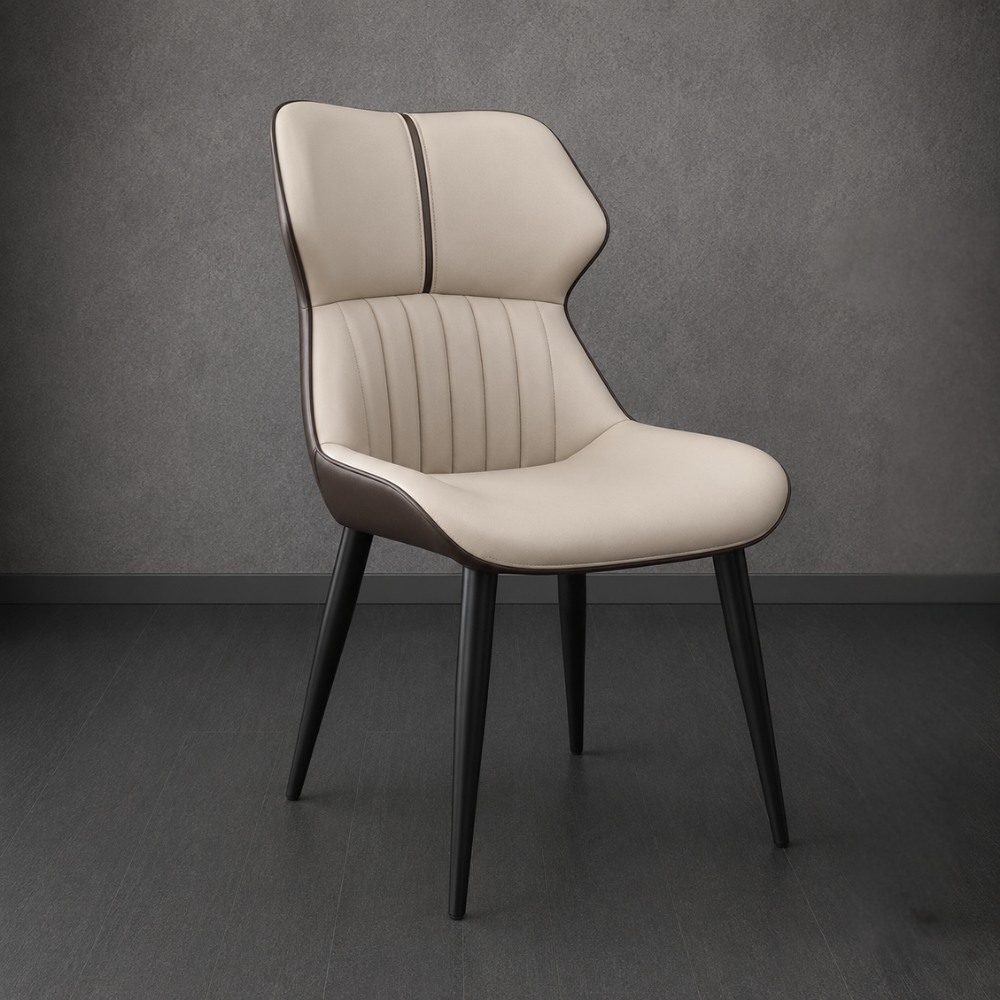 Beige chair with black legs on a dark gray background