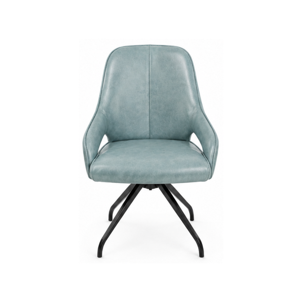 Blue chair with black metal base on a white background
