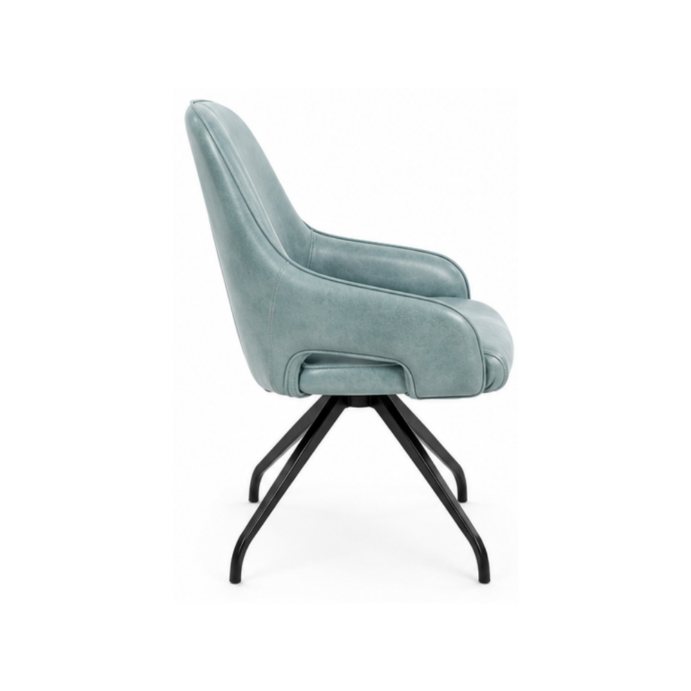 Modern chair with a light blue cushioned seat and black metal legs on a white background