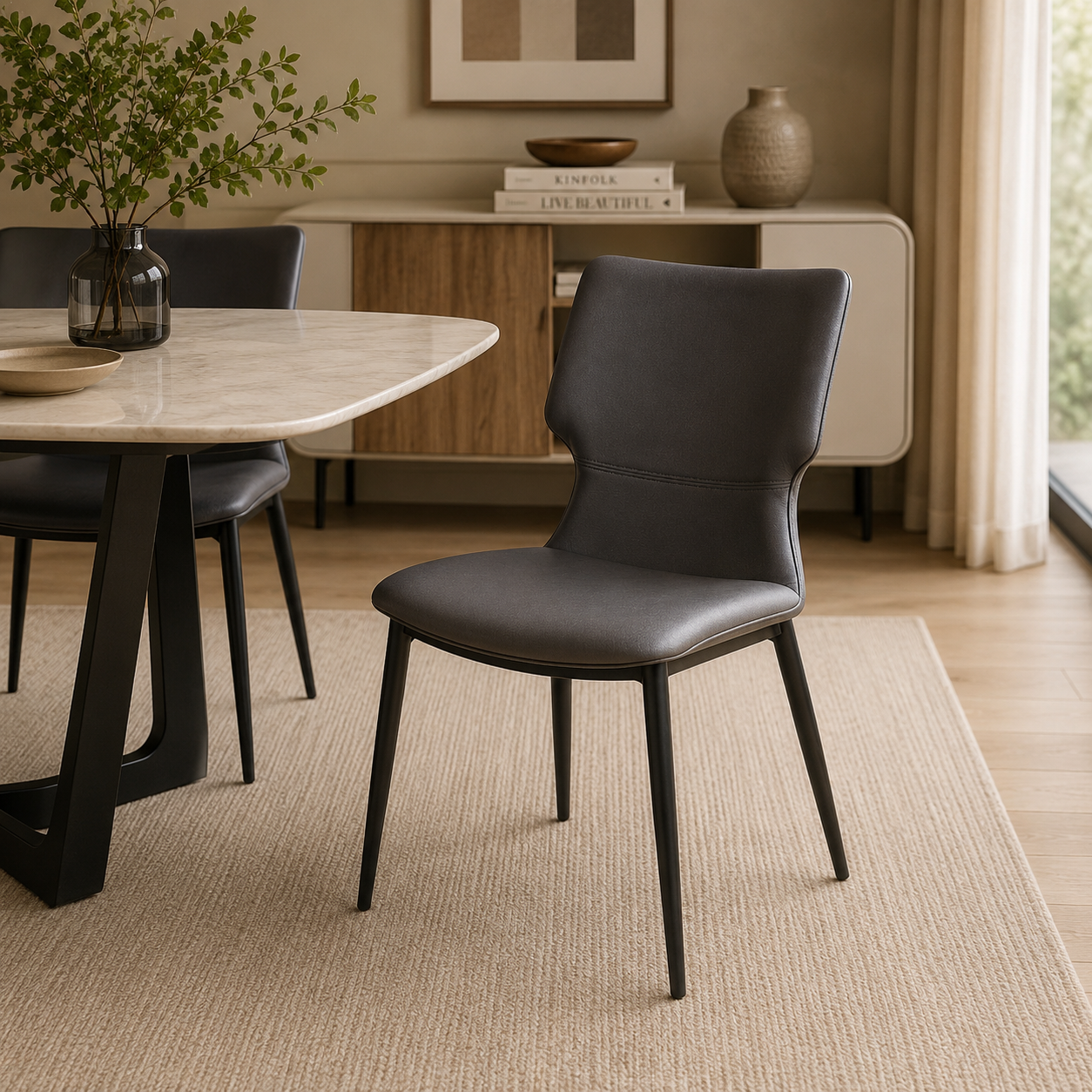 A modern dark gray upholstered dining chair with black legs, shown in a styled dining room setting next to a marble-top table on a textured beige rug.