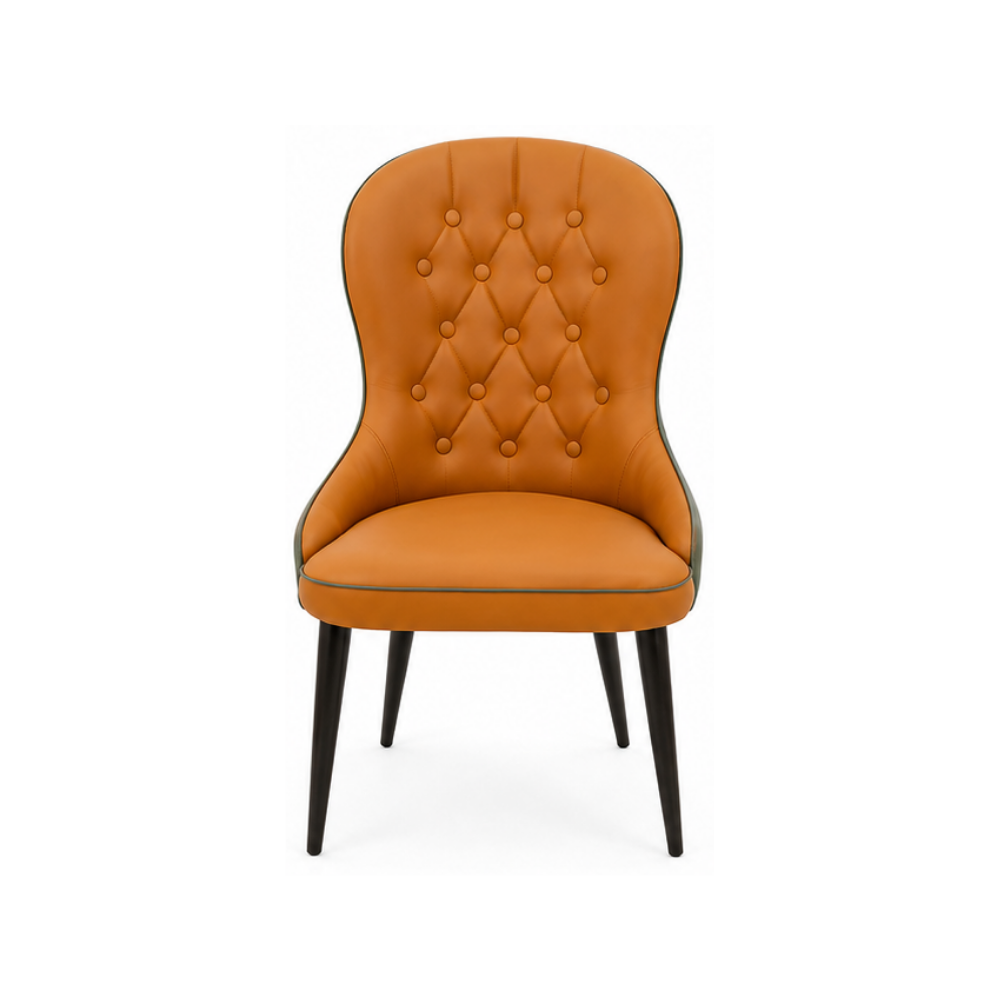 Orange upholstered chair with buttoned backrest on a white background