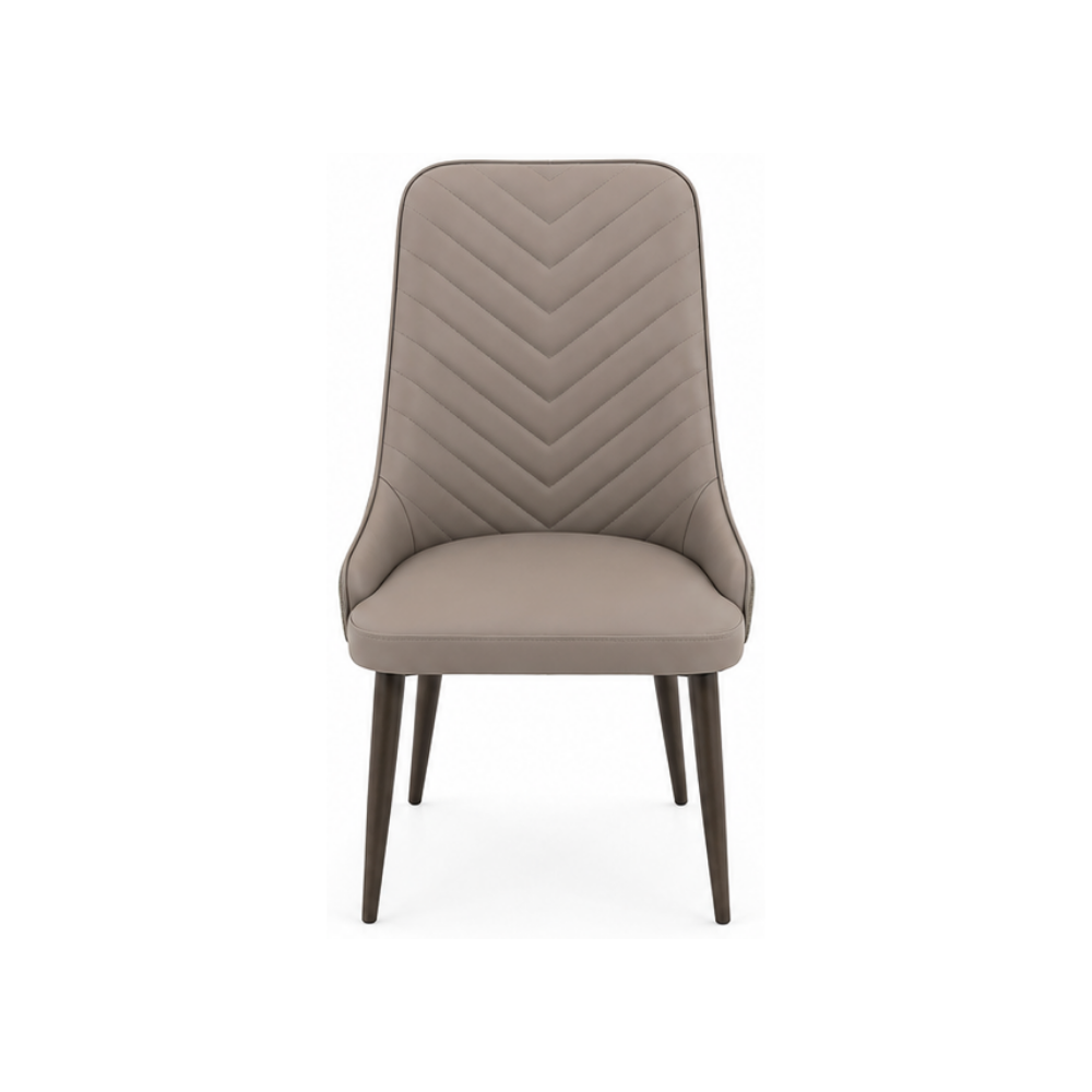 Beige upholstered chair with a chevron pattern on a white background