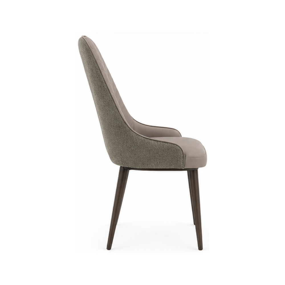Beige upholstered chair with nailhead trim on a white background