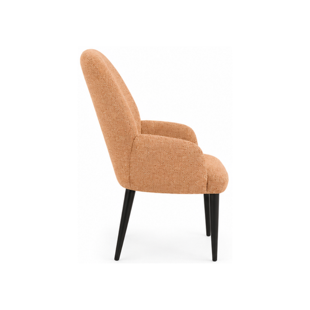 Brown upholstered chair with black legs on a white background