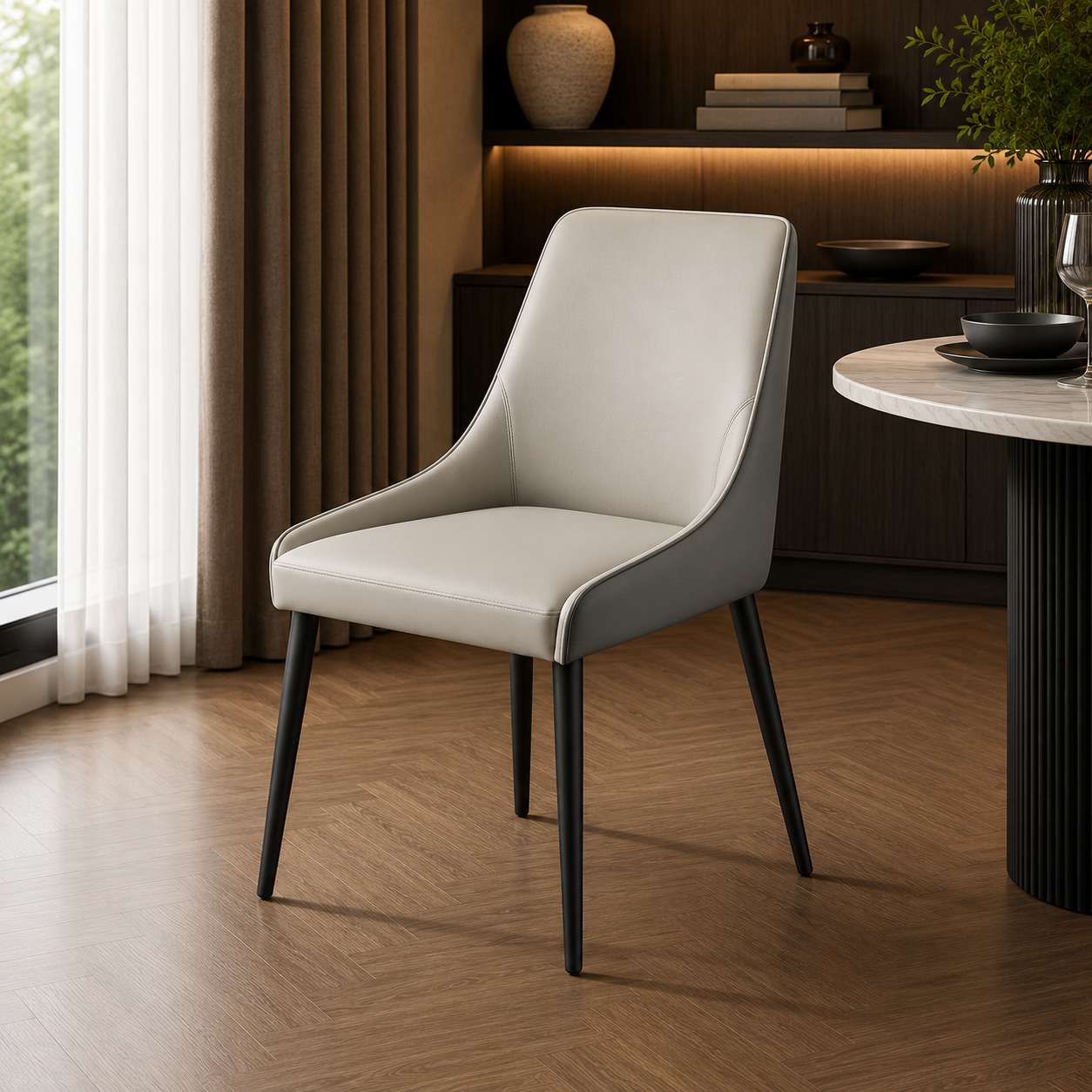 Gray chair in a modern interior setting with a table and decor items.