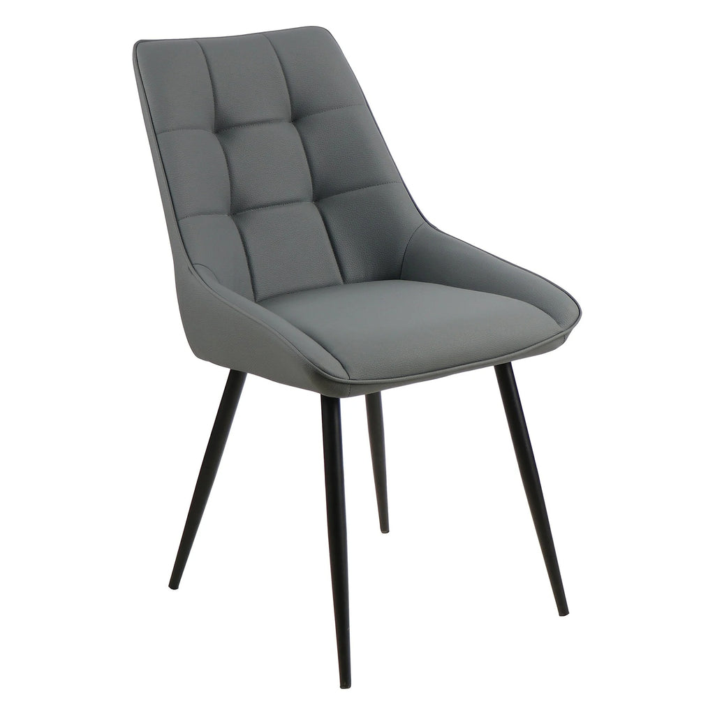 Gray upholstered chair with black legs on a white background