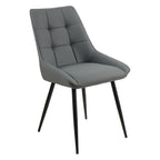 Gray upholstered chair with black legs on a white background